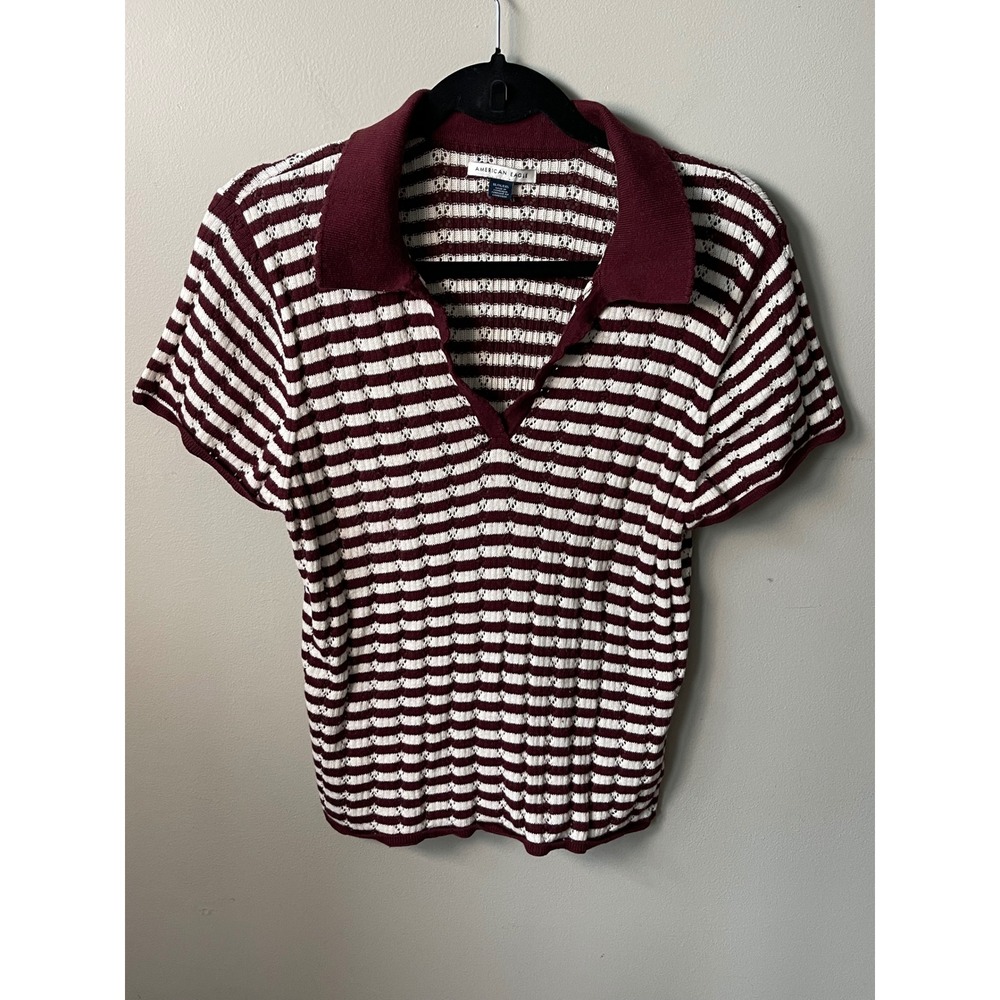 American Eagle girls XL Burgundy White Striped Knit Polo Short Sleeve Shirt